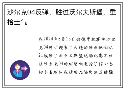 沙尔克04反弹，胜过沃尔夫斯堡，重拾士气
