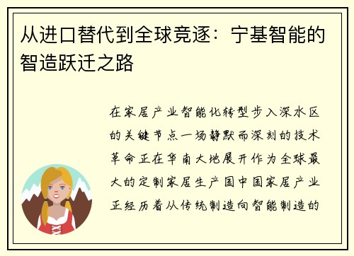 从进口替代到全球竞逐：宁基智能的智造跃迁之路